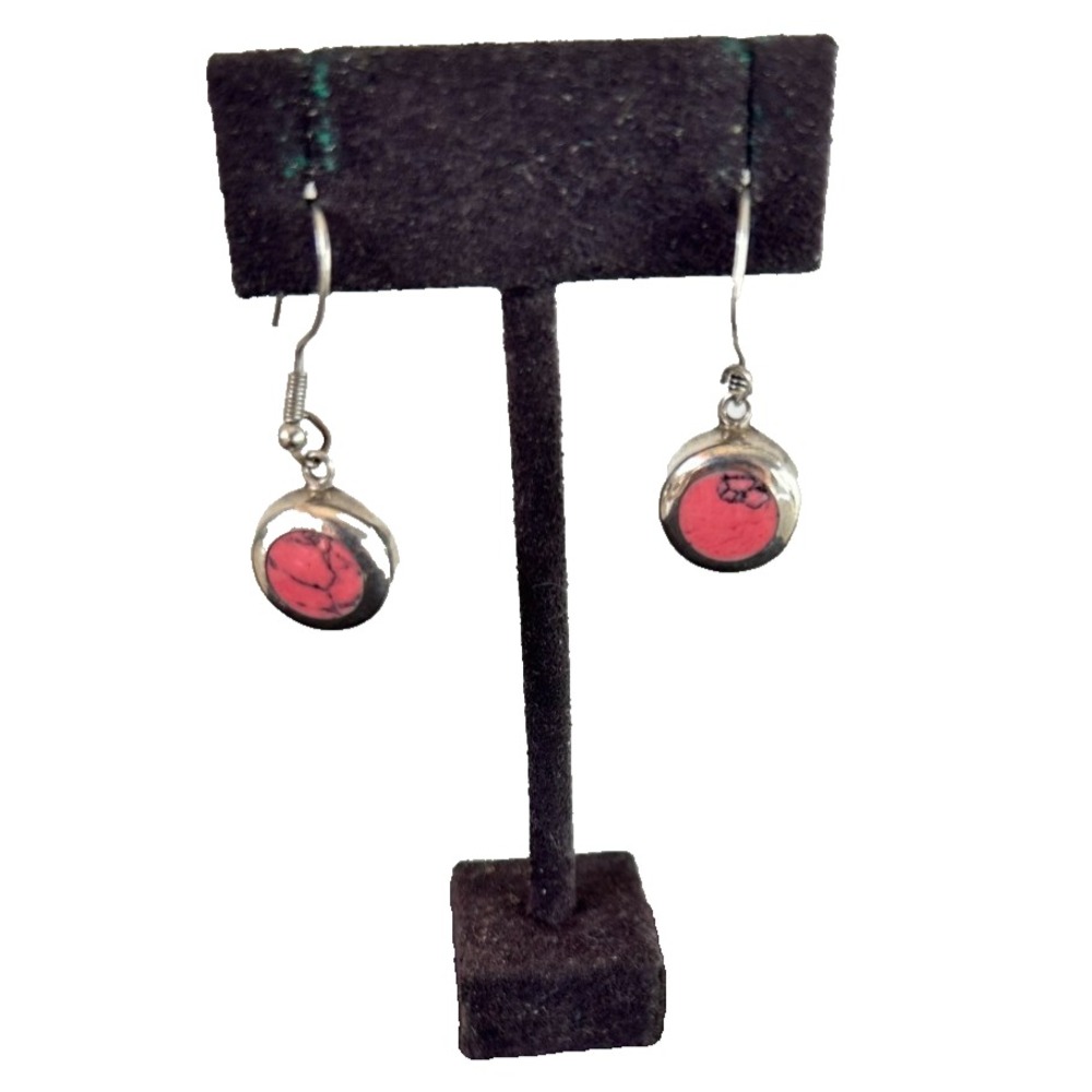 Sterling Silver 925 Pink Rhodonite Dangle Drop Earrings Small Round